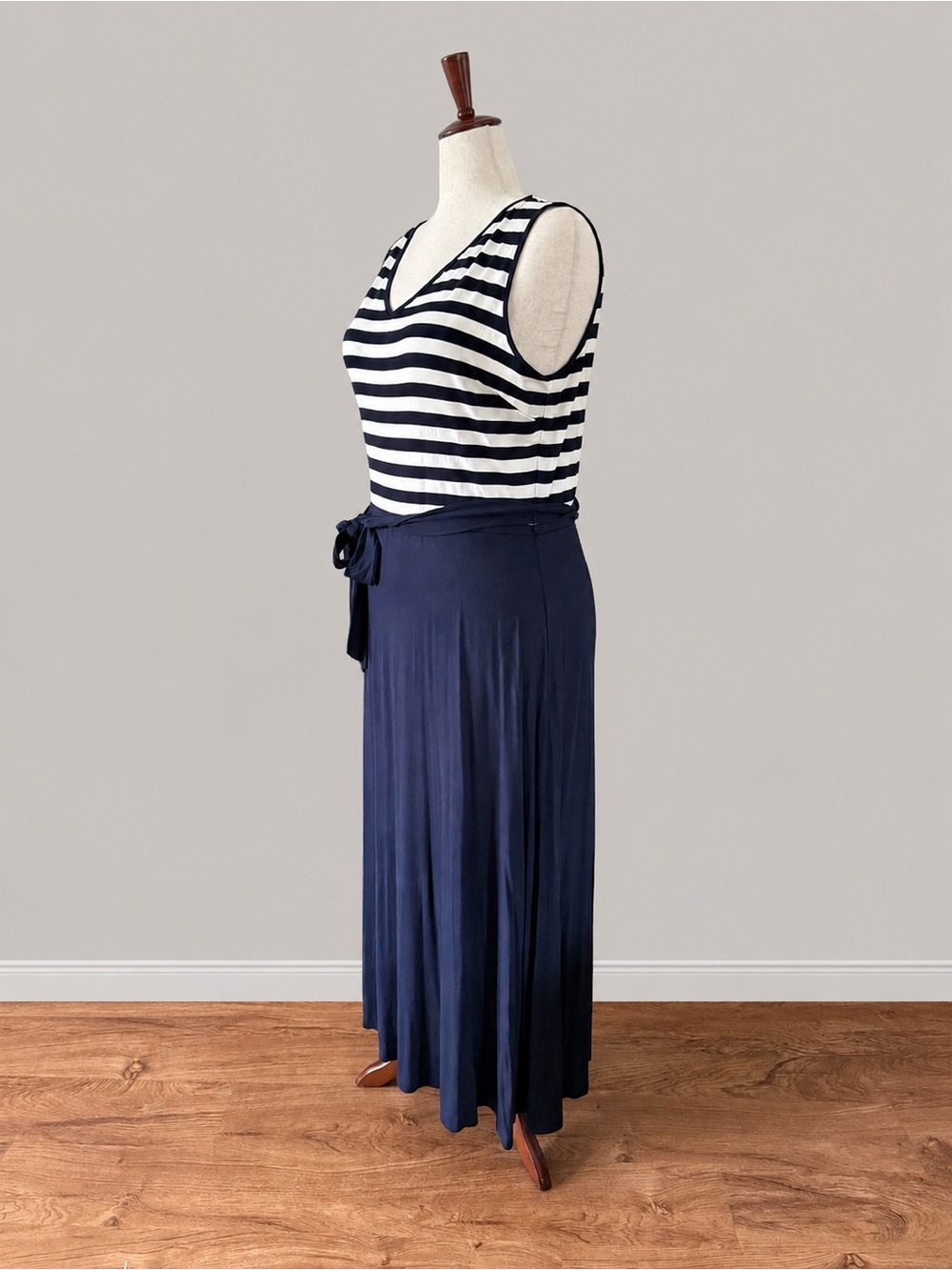 Talbots Navy White Striped Maxi Dress XL Sleeveless Jersey Knit NWT